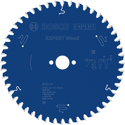 BoschEXPERT 木工圆锯片 180mm T48，适用于木材。
